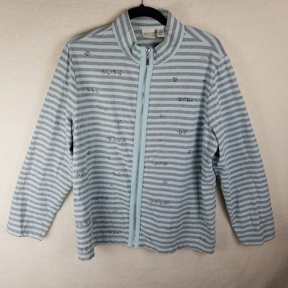Chico's Zenergy Zip Jacket Women 3 XL Blue Grey Striped Rhinestone NWOT Athletic